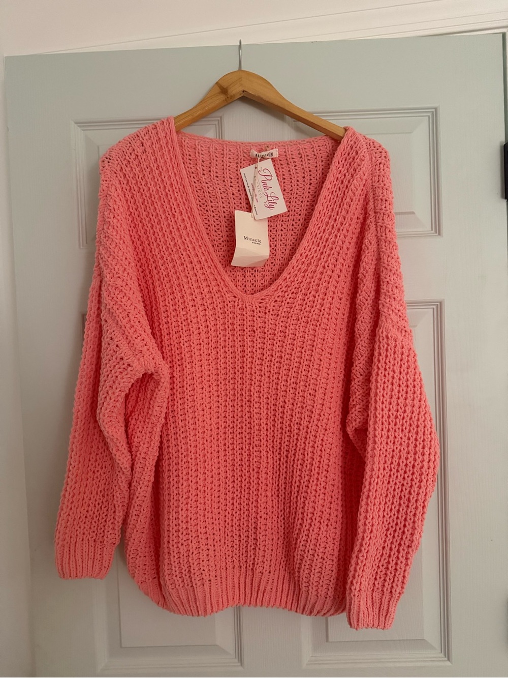 Miracle Coral Pink V-Neck Chunky Knit Sweater from pink Lilly NWT